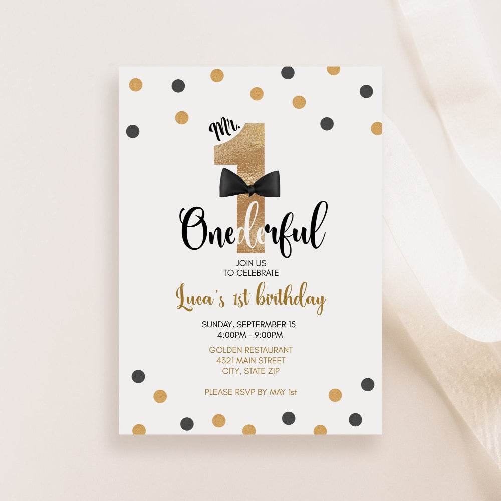 Editable Mr. ONEderful Birthday Invitation Template – Printable Gold Foil Boy 1st Birthday Party Invite | Digital Text Message Evite | Instant Download