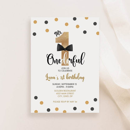 Editable Mr. ONEderful Birthday Invitation Template – Printable Gold Foil Boy 1st Birthday Party Invite | Digital Text Message Evite | Instant Download