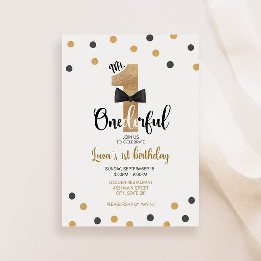 Editable Mr. ONEderful Birthday Invitation Template – Printable Gold Foil Boy 1st Birthday Party Invite | Digital Text Message Evite | Instant Download