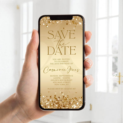 Gold Save the Date Birthday Invitation – Digital Editable Template – Modern Luxury Evite – Text Message or Email – Instant Download