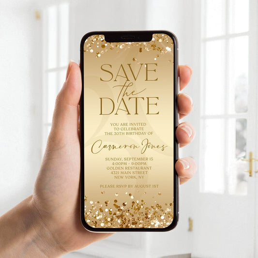 Gold Save the Date Birthday Invitation – Digital Editable Template – Modern Luxury Evite – Text Message or Email – Instant Download