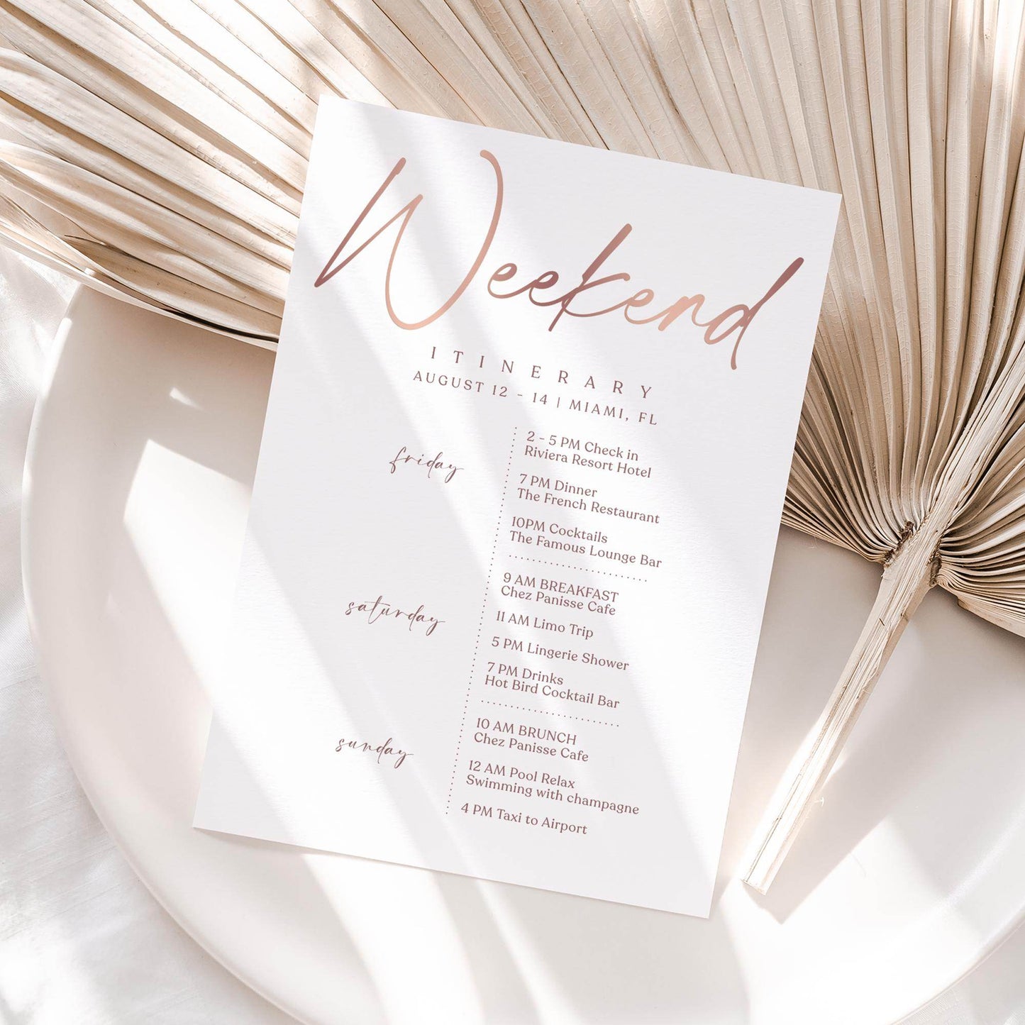 Printable Rose Gold Weekend Itinerary Template – Editable Birthday, Anniversary, or Hen Party Schedule | Elegant Event Planner | Instant Download