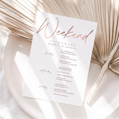 Printable Rose Gold Weekend Itinerary Template – Editable Birthday, Anniversary, or Hen Party Schedule | Elegant Event Planner | Instant Download