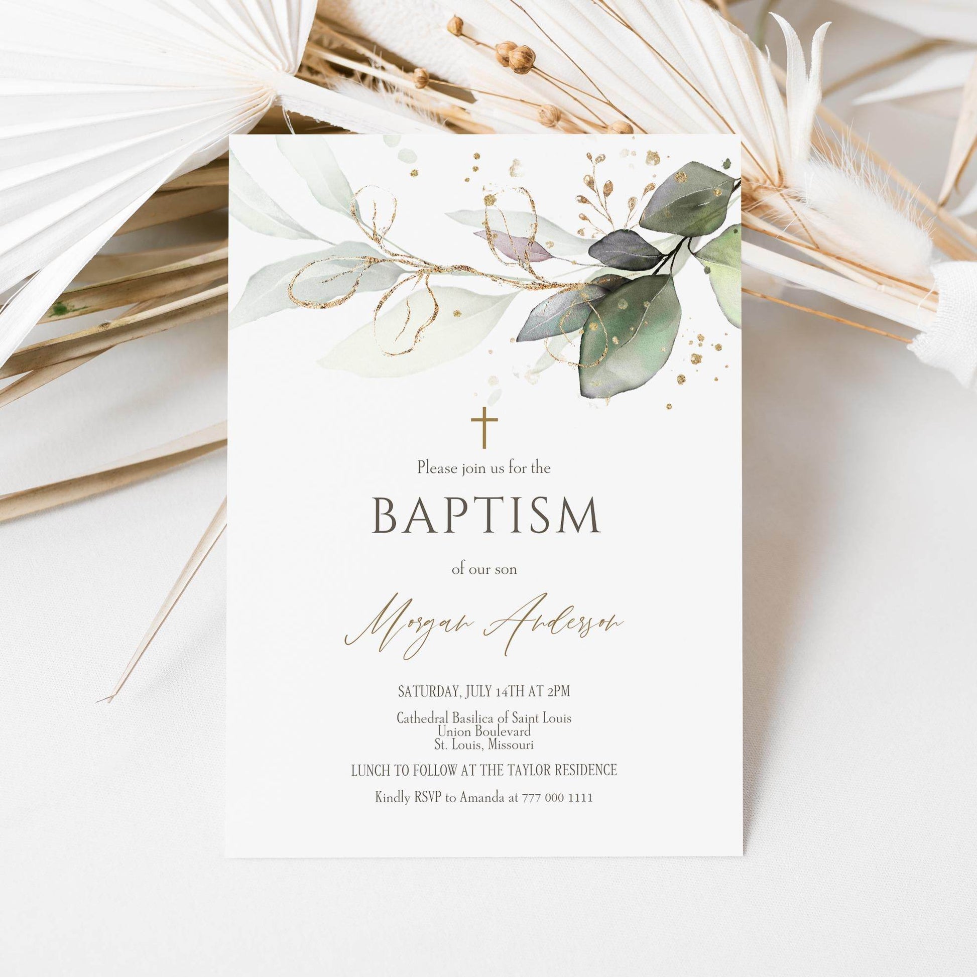 Baptism Invitation Template – Editable Greenery Christening Invite | Eucalyptus & Gold Leaves | Boy or Girl Printable Digital Download