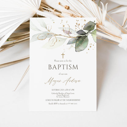 Baptism Invitation Template – Editable Greenery Christening Invite | Eucalyptus & Gold Leaves | Boy or Girl Printable Digital Download
