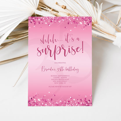 Surprise Birthday Invitation Template - Pink Confetti Design | Instant Download