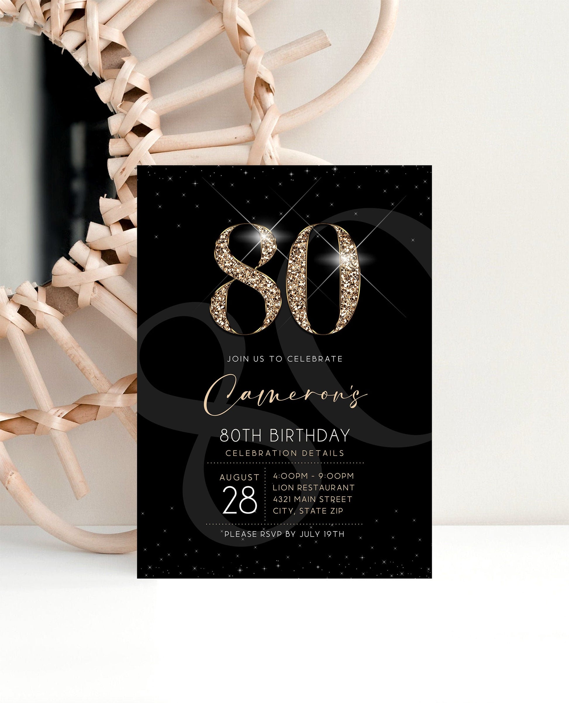 Black Gold Luxury 80th Eighty Birthday Invitation Template, Printable Men's Invite, Editable Invitation, Elegant Invite, Email Text Message