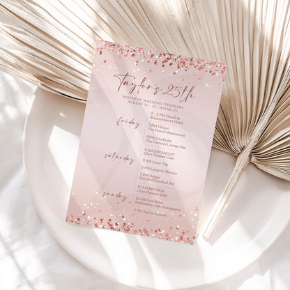 Editable Rose Gold Ladies Birthday Itinerary Template, Printable Woman Party Any Age Itinerary, Luxury Weekend Itinerary, Email Text Message