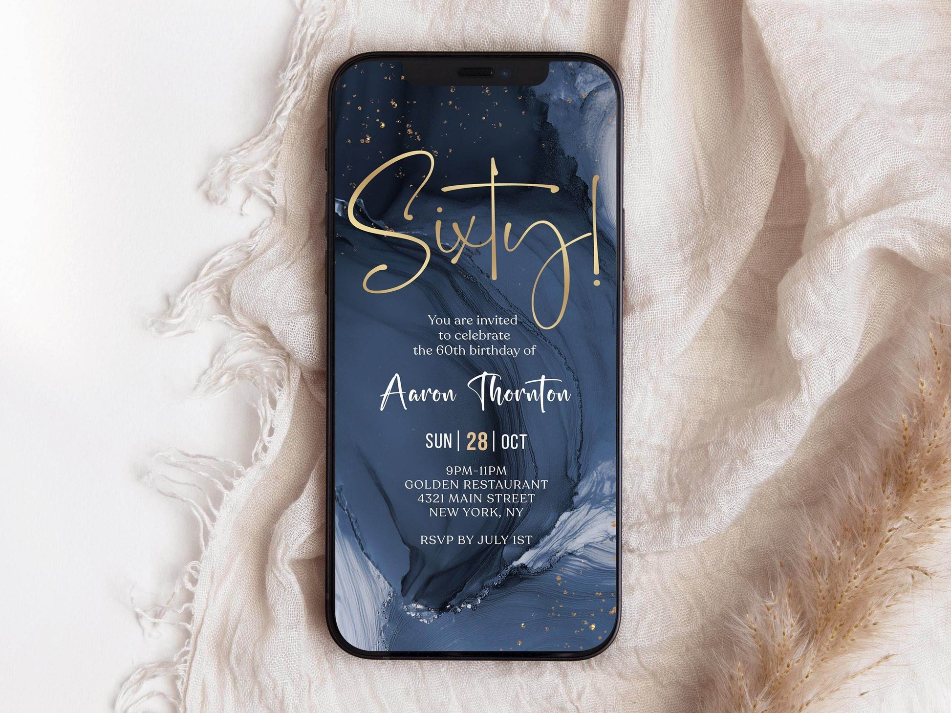 Blue Navy Gold Sixty 60th Birthday Invitation Template, Digital Editable Invite, Electronic Self Editable Template eCard, Text Message Evite