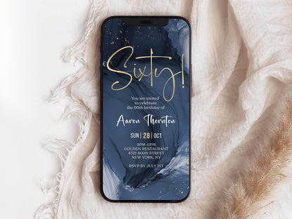Blue Navy Gold Sixty 60th Birthday Invitation Template, Digital Editable Invite, Electronic Self Editable Template eCard, Text Message Evite