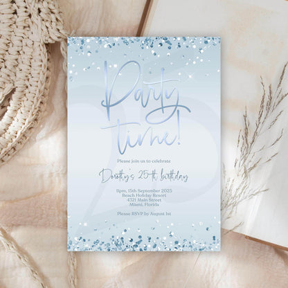 Silver Blue Birthday Invitation – Editable Confetti Party Template – Any Age Invite – Printable or Digital Evite – Instant Download