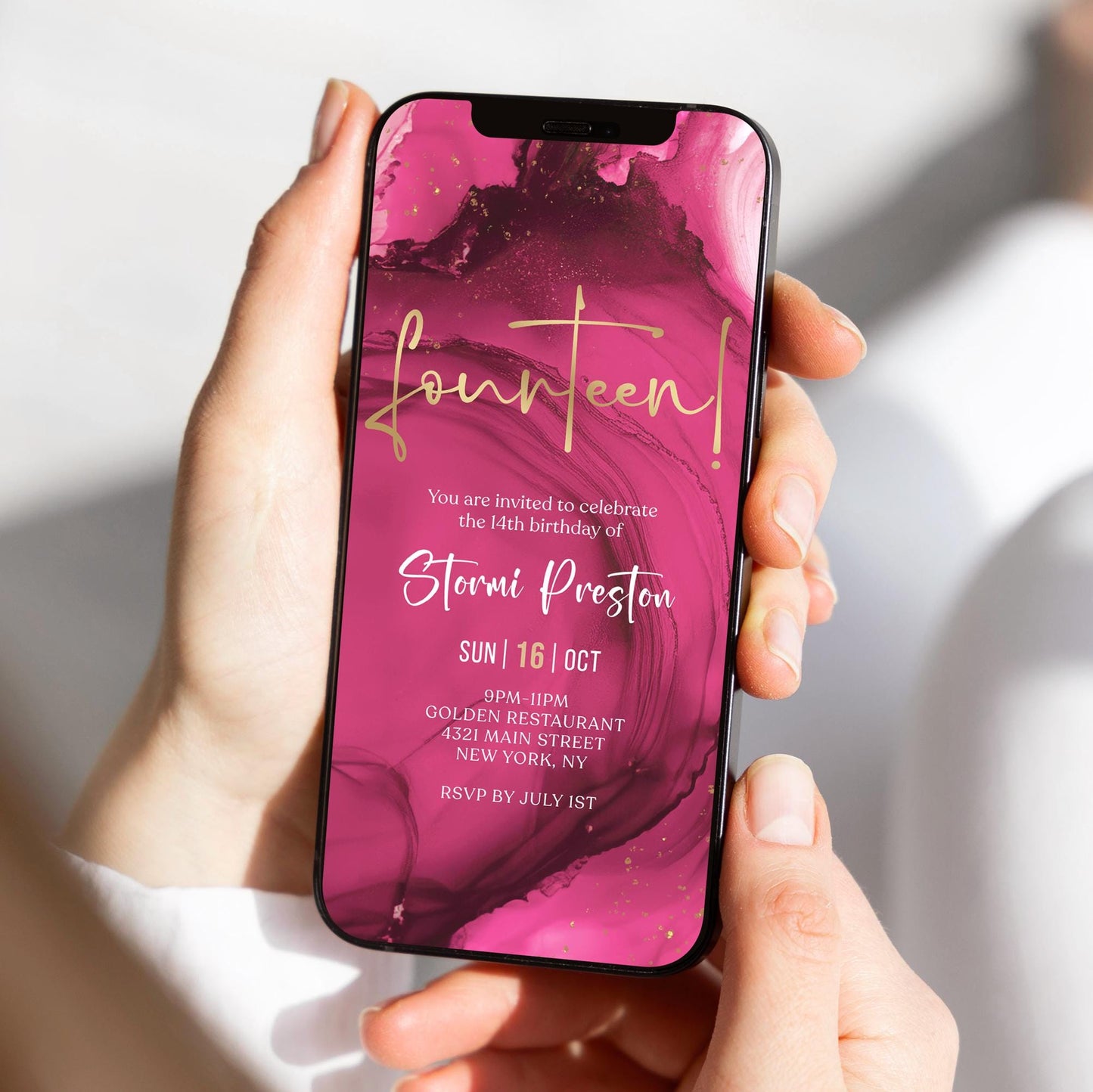 Fuchsia Pink Gold 14th Birthday Invitation Template | Editable Digital Invite for Teen Girls