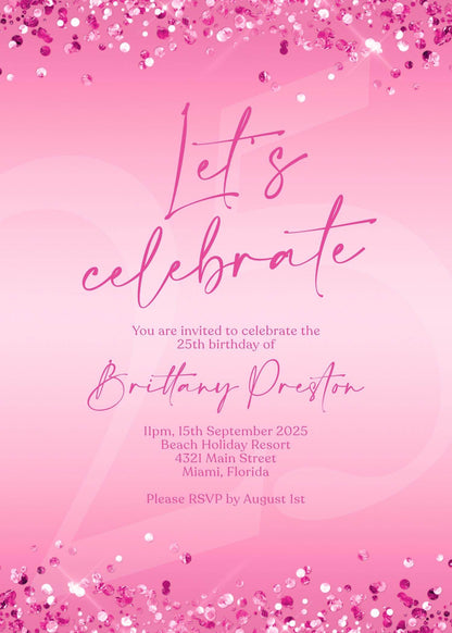 Fuchsia Pink Birthday Invitation Template, Editable Let’s Celebrate Party Evite, Digital Text Message Invite for Women, Any Age, Instant Download