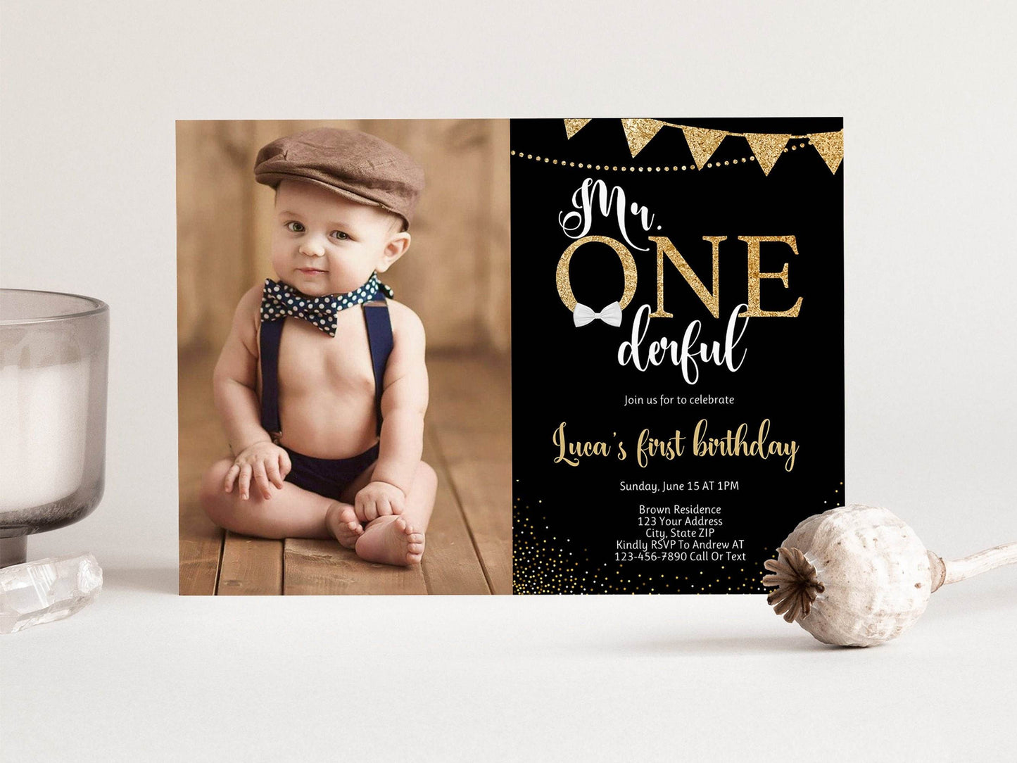 Mr. ONEderful First Birthday Invitation with Photo, Editable Boy 1st Birthday Template, One Year Old Invite, Instant Download Digital File