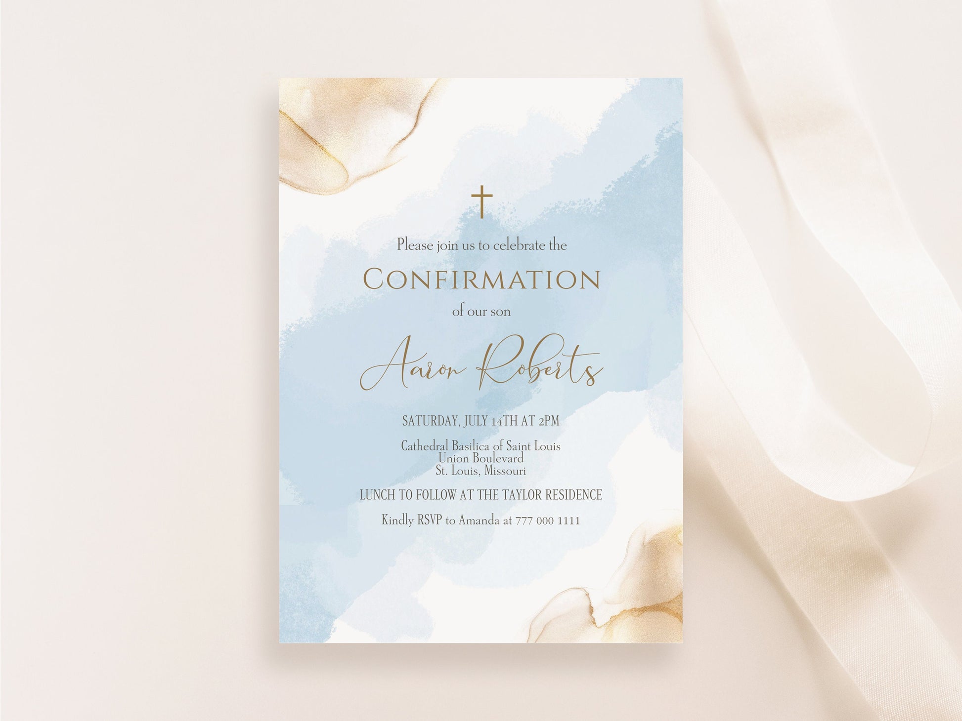 Blue Gold Boy Confirmation Invitation Template, Editable Watercolor Confirmation Invite, Printable Religious Event Card, Instant Download