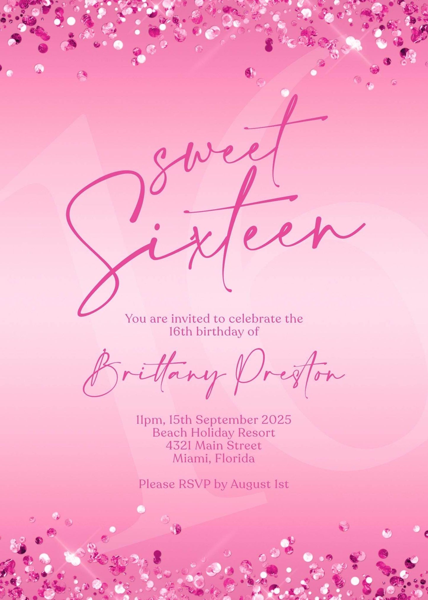 Hot Pink 16th Sweet Sixteen Birthday Invitation Template, Printable Fuchsia 16th Girl Birthday Party Invite, Editable Email Text Message