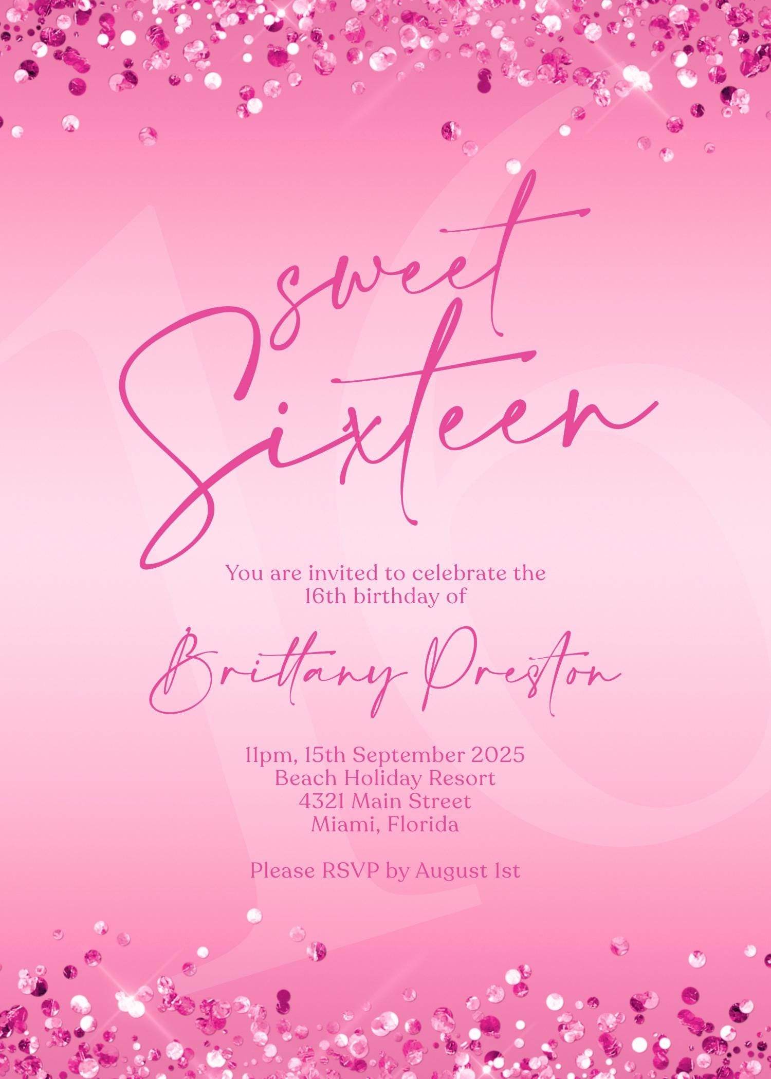Hot Pink 16th Sweet Sixteen Birthday Invitation Template, Printable Fuchsia 16th Girl Birthday Party Invite, Editable Email Text Message