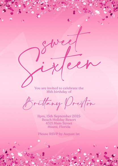 Hot Pink 16th Sweet Sixteen Birthday Invitation Template, Printable Fuchsia 16th Girl Birthday Party Invite, Editable Email Text Message