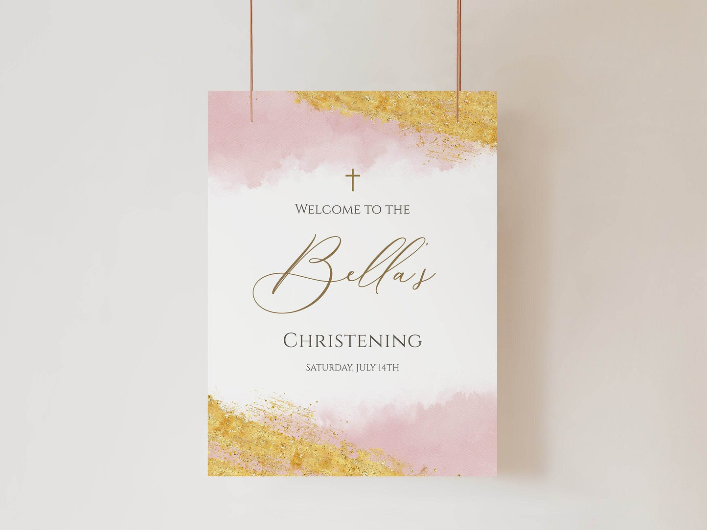 Pink Girl Christening Welcome Sign Template | Baptism Welcome Sign | Printable Watercolor Christening Sign | Editable Baby Girl Event Sign Download