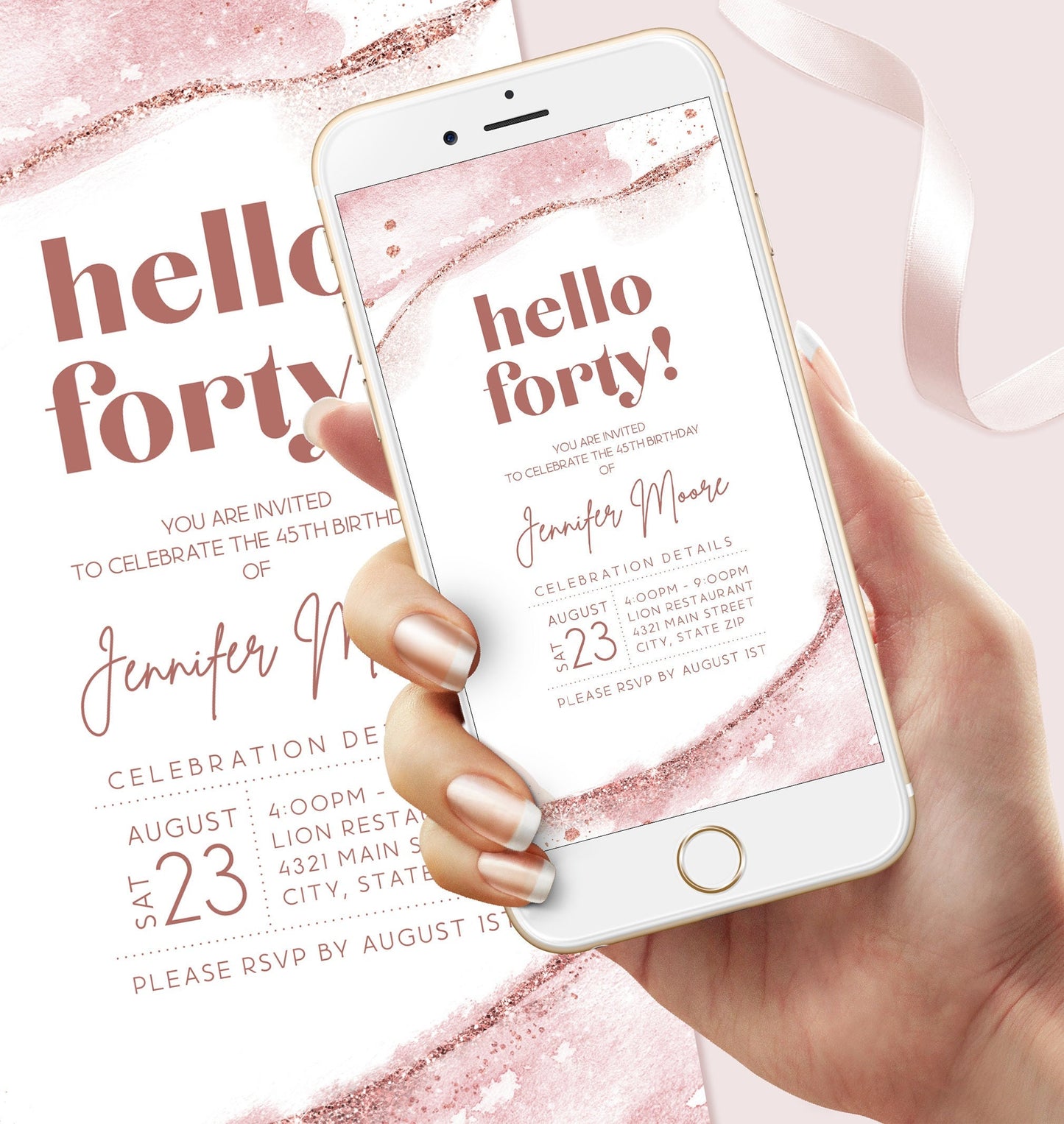 Digital Hello Forty 40th birthday text message Invitation Evite, Editable birthday invite, Electronic invitation, Phone invitation template