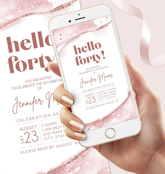 Digital Hello Forty 40th birthday text message Invitation Evite, Editable birthday invite, Electronic invitation, Phone invitation template