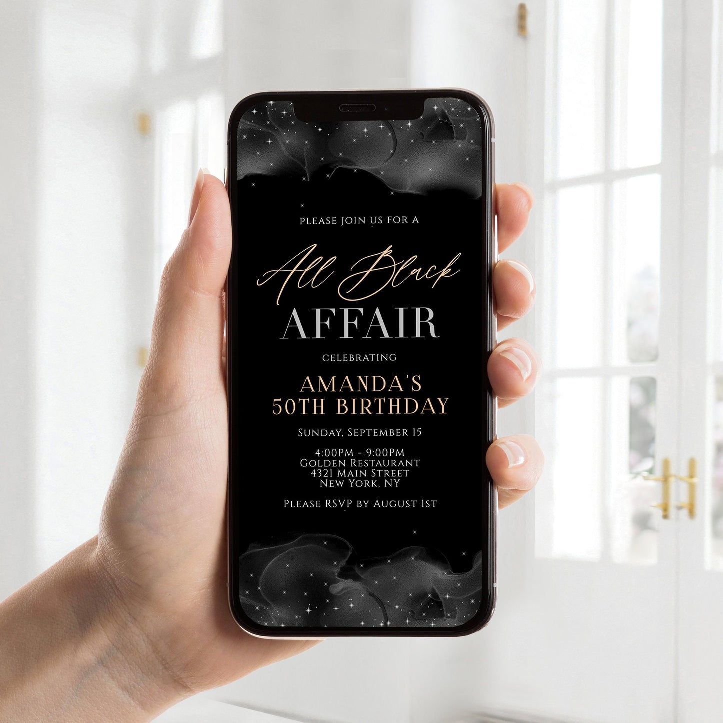 Digital All Black Affair Invitation, 50th Black Party Invite, Black & Gold, Electronic Formal Attire E-Invite, Editable Text Message Evite