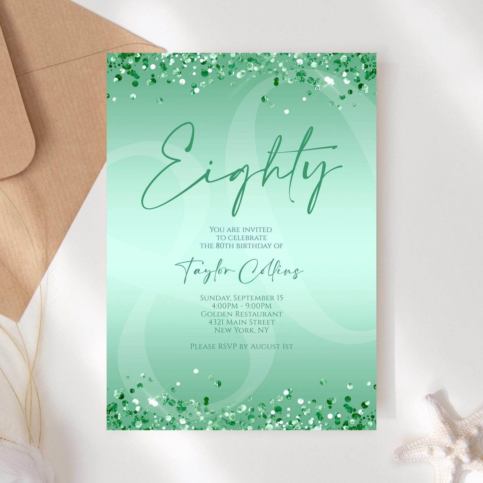 Printable Mint Green 80th Birthday Invitation Template | Editable Digital Mint Birthday Card for Women | Instant Download