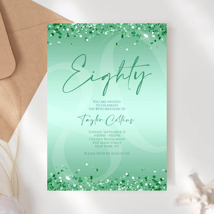 Printable Mint Green 80th Birthday Invitation Template | Editable Digital Mint Birthday Card for Women | Instant Download