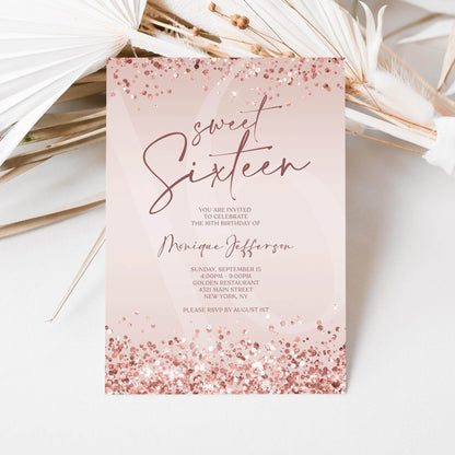 Sweet Sixteen Invitation Template Printable, Pink Rose Gold Confetti 16th Birthday Invite, Editable Girl Party Evite, Text Message Download