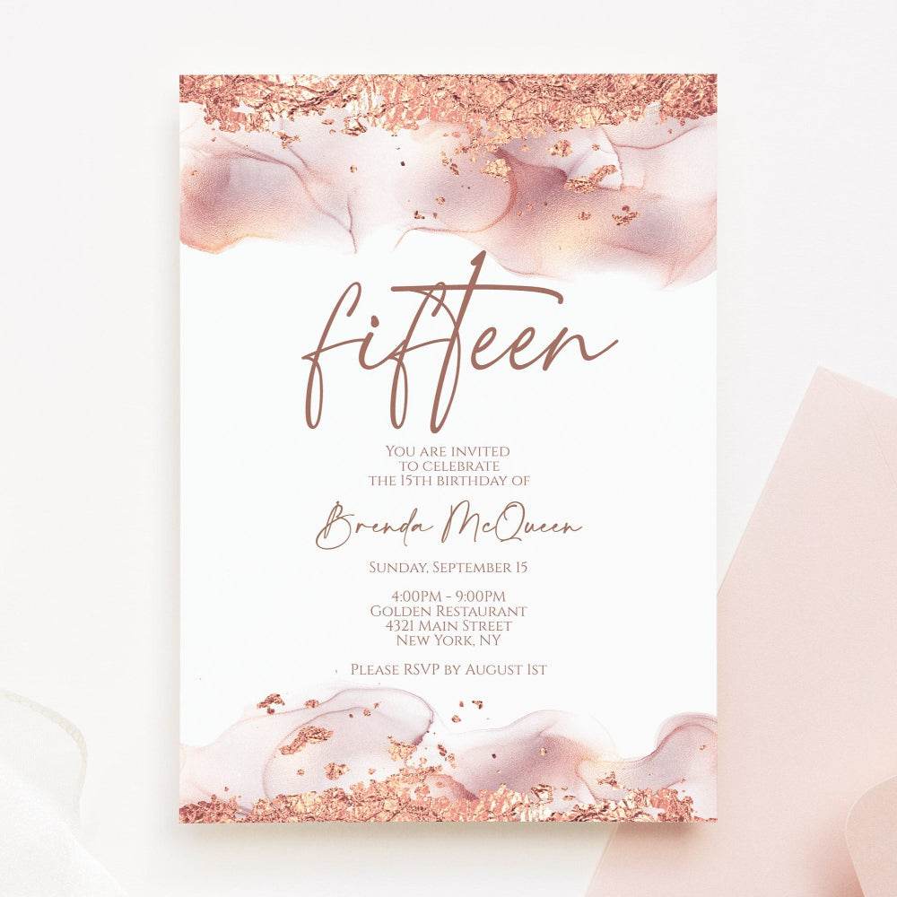 Modern 15th Birthday Invitation Template | Rose Gold Glitter Editable Invite | Fifteen Birthday Digital Text Invitation | Printable Instant Download