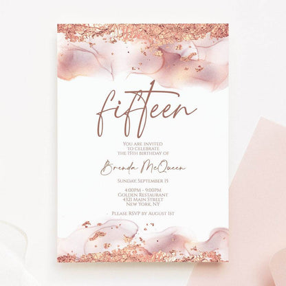 Modern 15th Birthday Invitation Template | Rose Gold Glitter Editable Invite | Fifteen Birthday Digital Text Invitation | Printable Instant Download