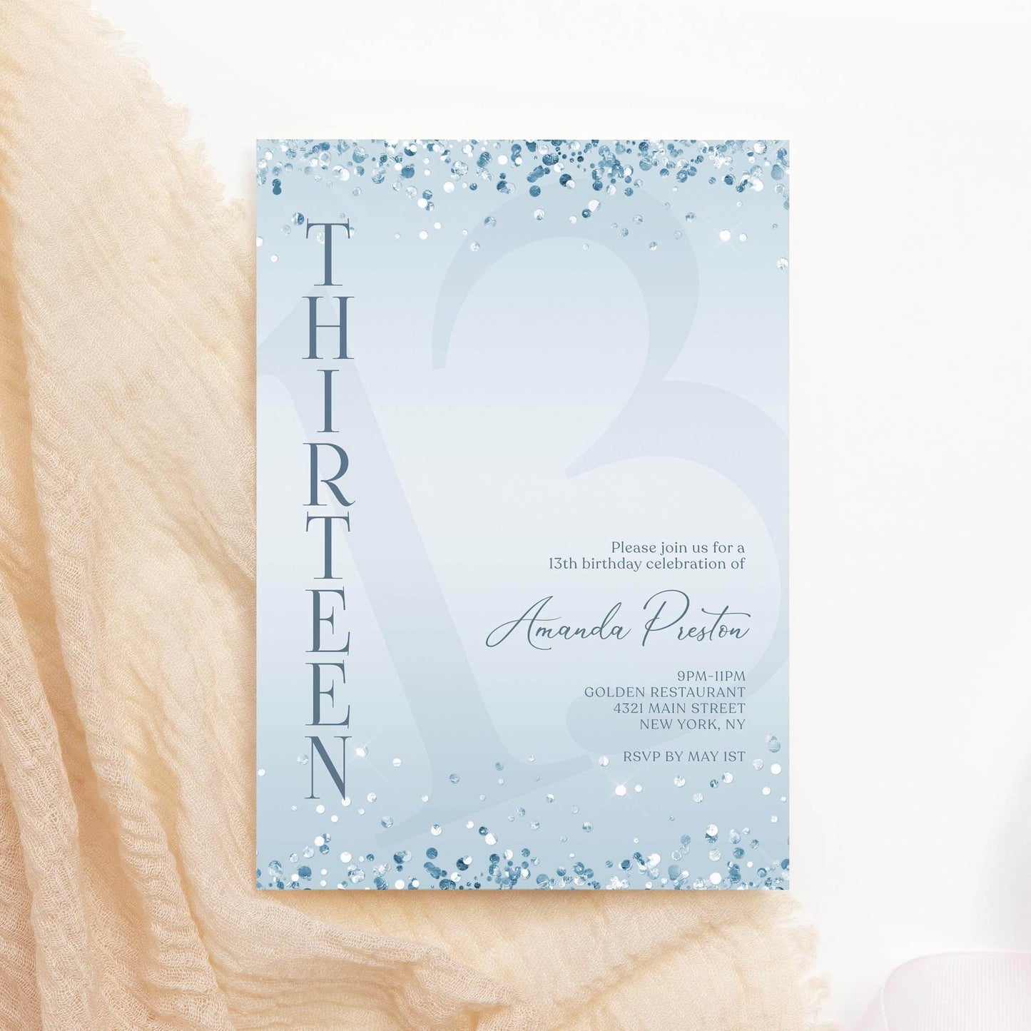 Editable Blue Confetti 13th Birthday Invitation – Boy Printable Invite | Surprise Party Template | Text or Email Digital Download