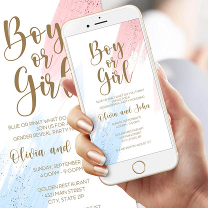 Boy or Girl Gender Reveal Invitation Template | Editable He or She Digital Evite | Watercolor Pink & Blue Text Message Invite | Instant Download