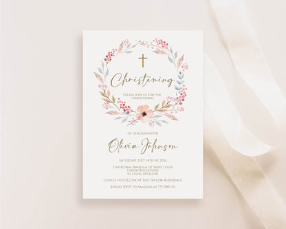 Boho Christening Invitation, Editable Baptism Floral Girl Invitation Template, Printable Christening Invite First Communion Instant Download