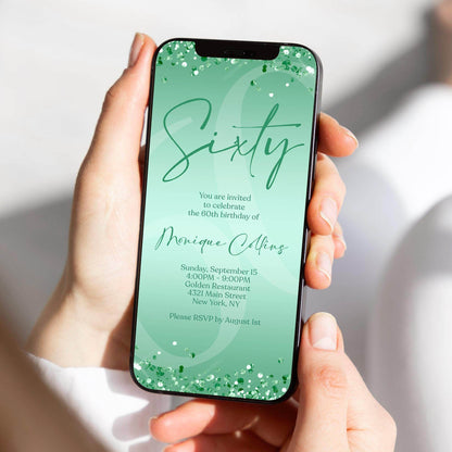 Digital Mint Green 60th Birthday Invitation Template, Editable Electronic Birthday Invite, Mint Foil Confetti Text Message Evite, Instant Download