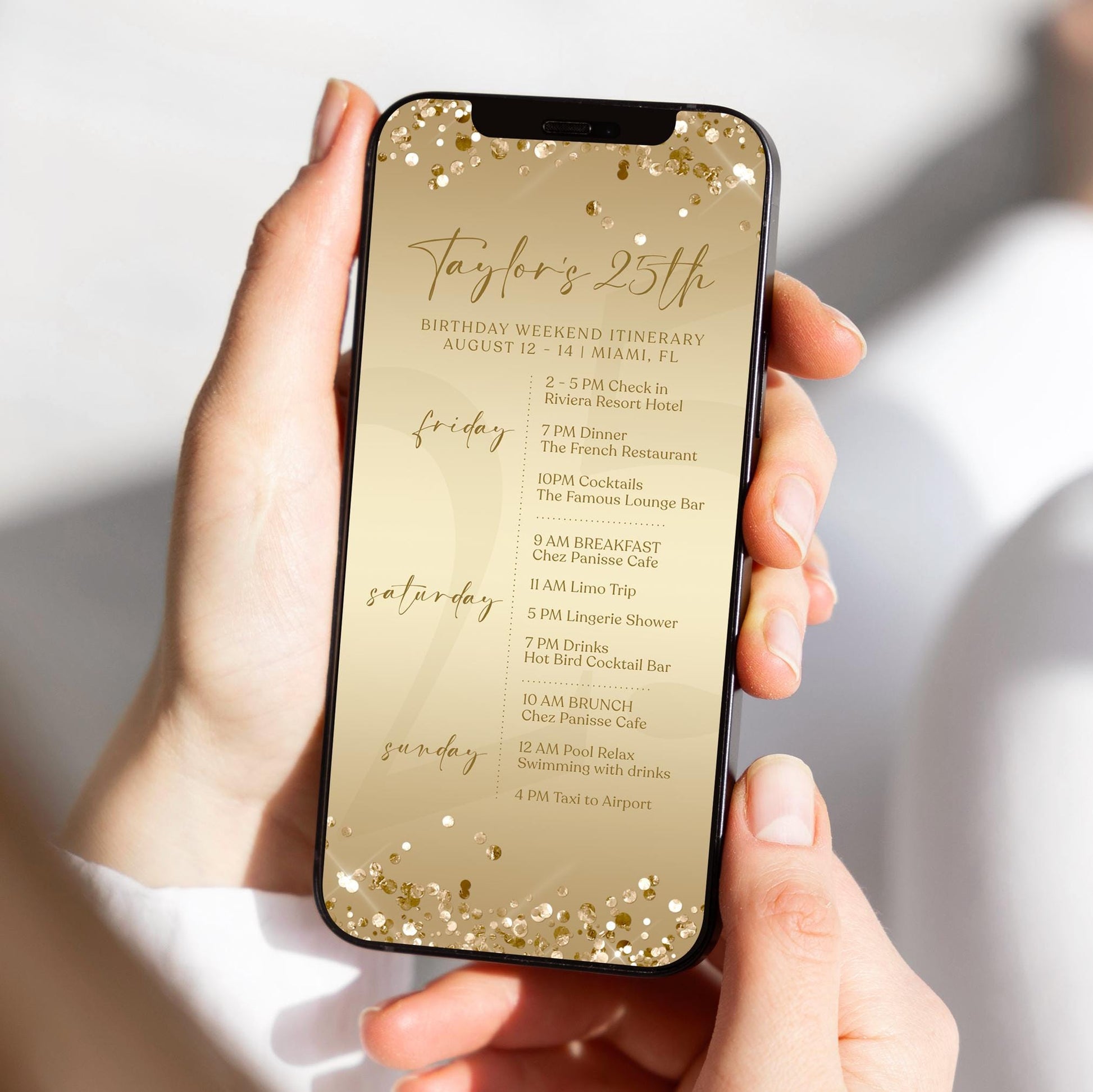 Electronic Golden Birthday Weekend Itinerary Template, Editable Birthday Itinerary, Digital Birthday Weekend Schedule, Gold Itinerary Invite