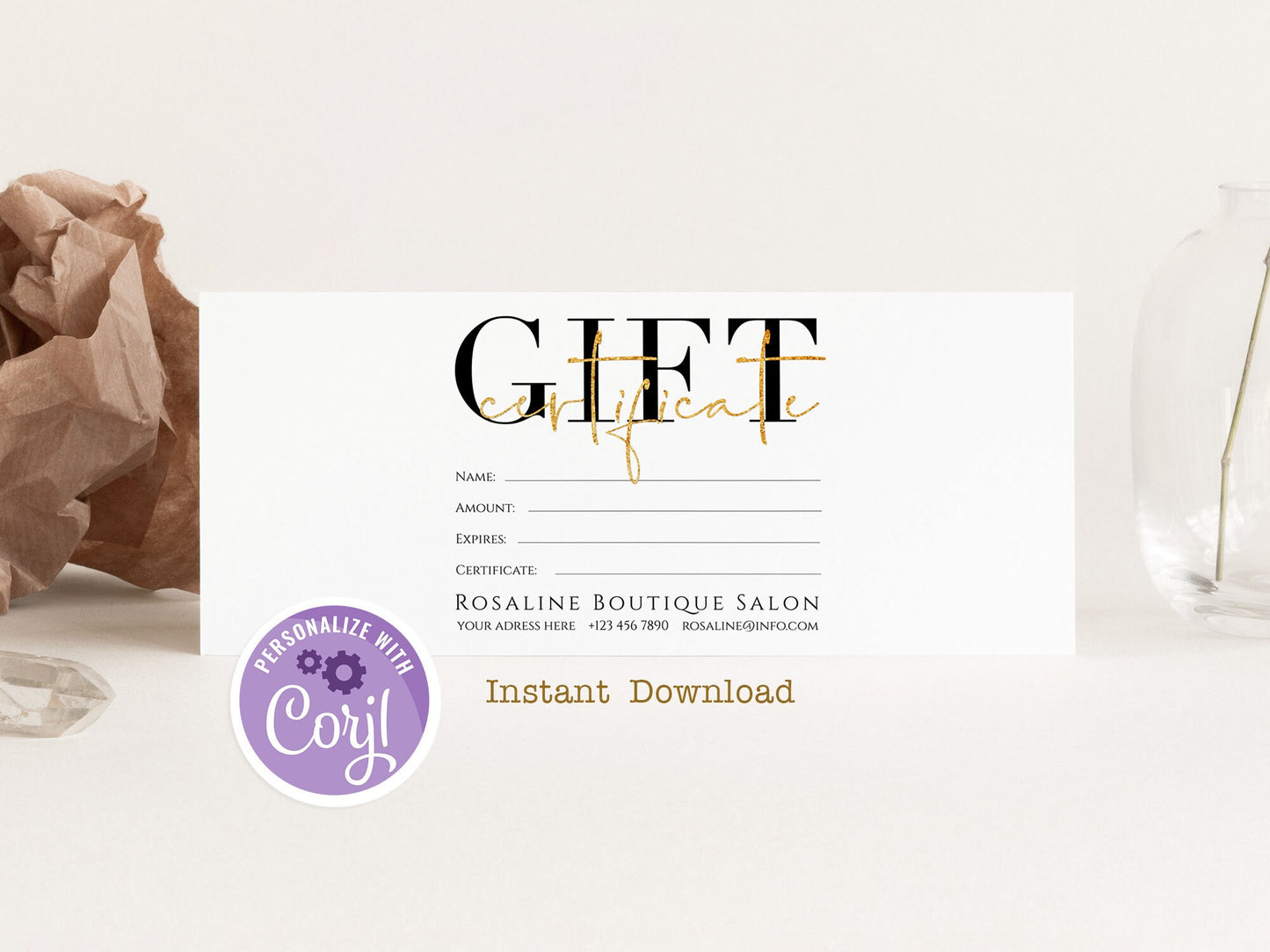 Printable Gift Certificate Template, Gold Calligraphy Gift Card Template, Gift Voucher Template, Editable Gift Cards, Digital, Shop Voucher