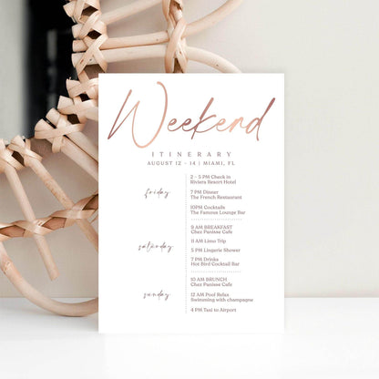Printable Rose Gold Weekend Itinerary Template – Editable Birthday, Anniversary, or Hen Party Schedule | Elegant Event Planner | Instant Download