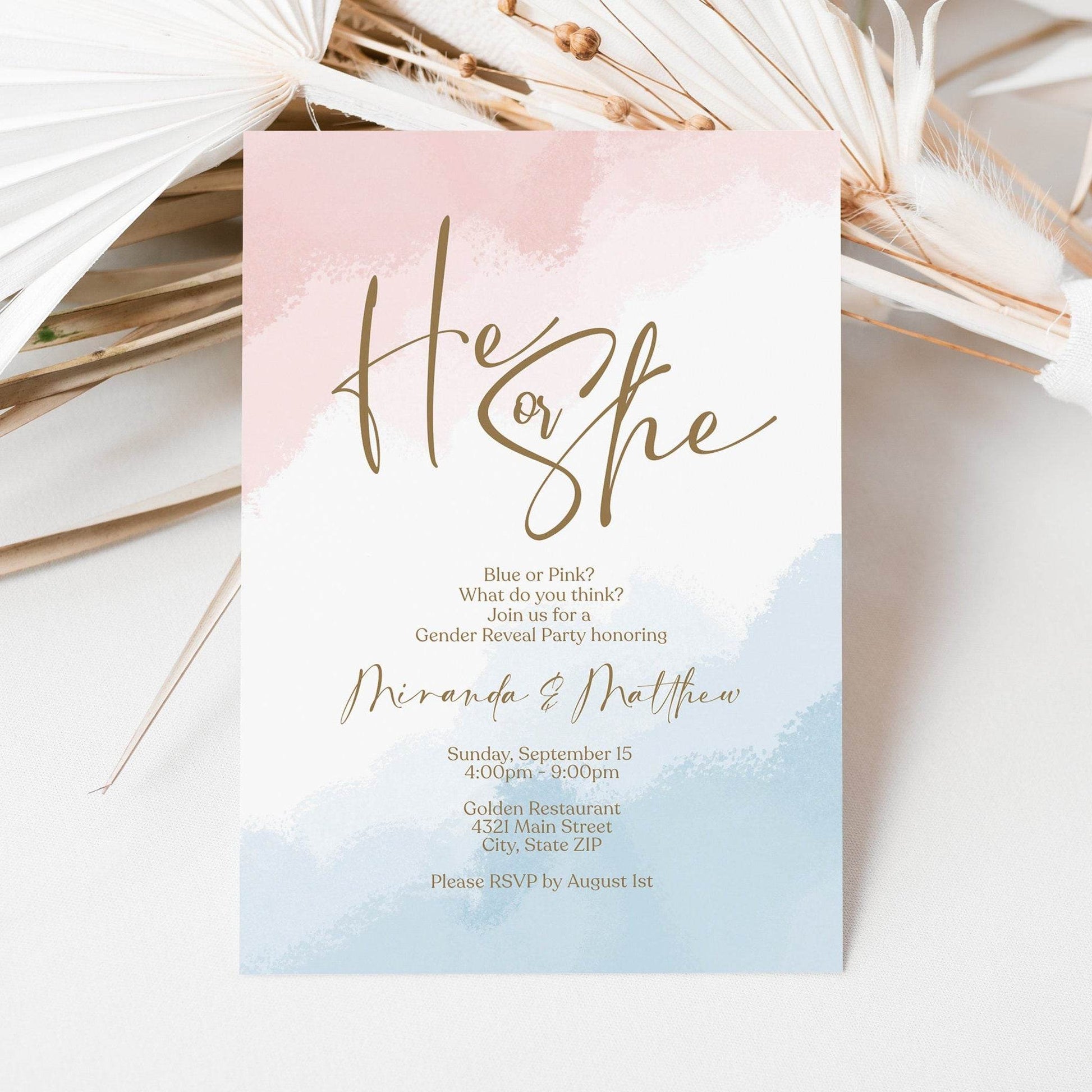 Editable He or She Gender Reveal Invitation – Neutral Pink & Blue Watercolor Baby Shower Invite – Printable Boy or Girl Digital Evite Template