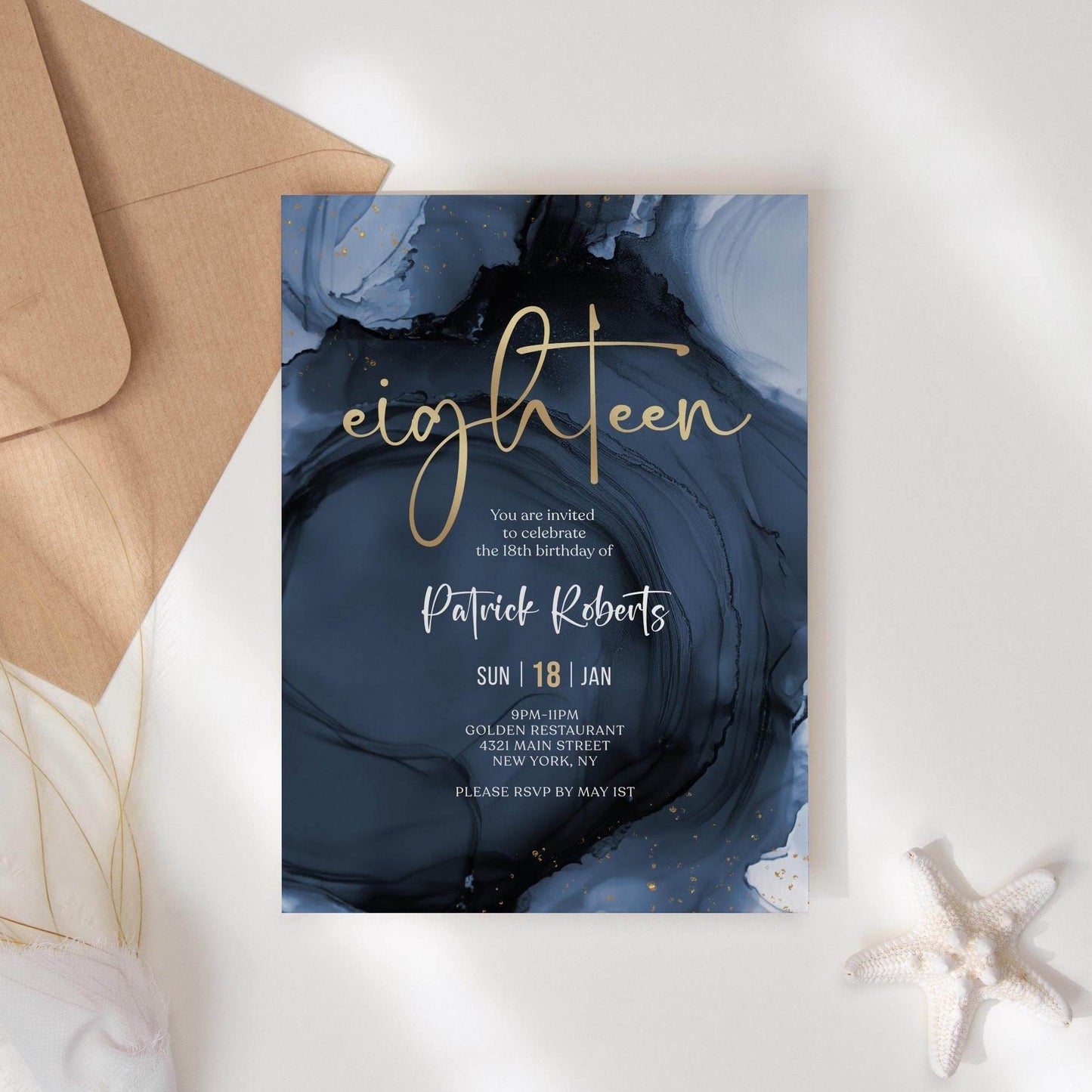 Blue Gold 18th Birthday Invitation Template, Printable Navy Birthday Invite for Him, Editable Surprise Party Card, Digital Instant Download