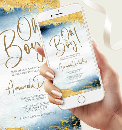 Electronic Oh Boy Baby Shower Invitation – Editable Text Message Invite Template | Digital Blue Gold Baby Shower Evite | Instant Download