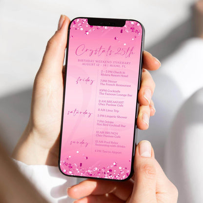 Electronic Pink Birthday Weekend Itinerary Template – Editable Fuchsia Event Schedule | Digital Birthday Itinerary Evite | Text Message Invite | Instant Download
