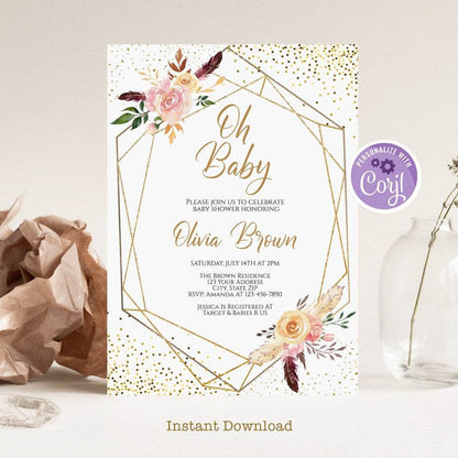 Oh Baby Shower Invitation Template – Editable Floral & Gold Geometric Baby Sprinkle Invite | Digital Download DIY Baby Shower Card