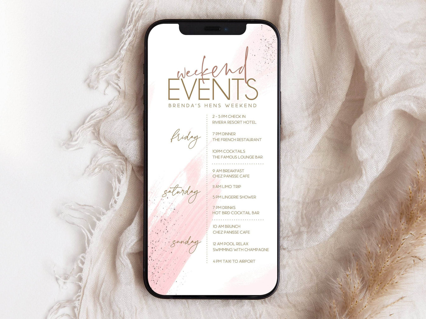 Blush Pink Hens Weekend Itinerary Template, Digital Bachelorette Schedule, Editable Events Evite, Text Message Invite, Instant Download