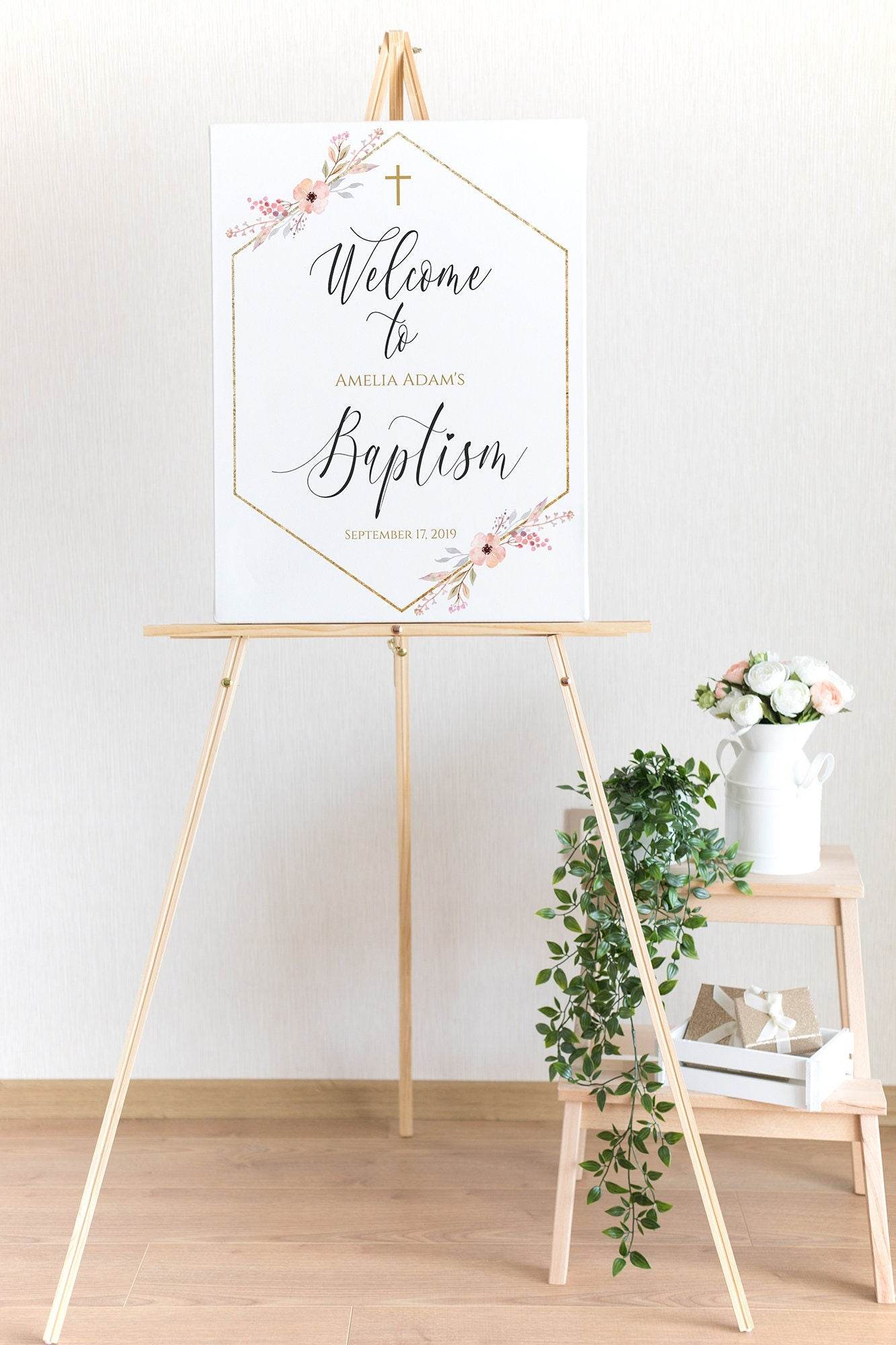 Geometric Baptism Welcome Sign Template, Pink Floral Hexagon Design, Editable Printable Christening Sign for Boy or Girl, Instant Download