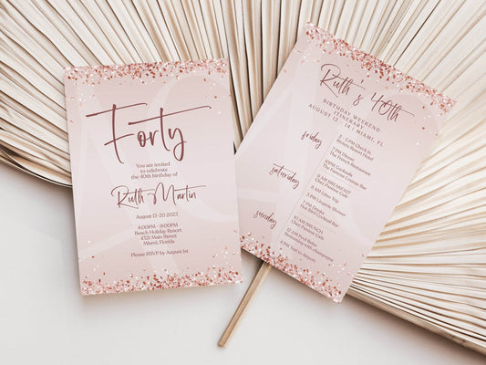 Editable Rose Gold 40th Forty Birthday Weekend Itinerary Template, Printable Birthday Weekend Invitation, Birthday Weekend Digital Itinerary