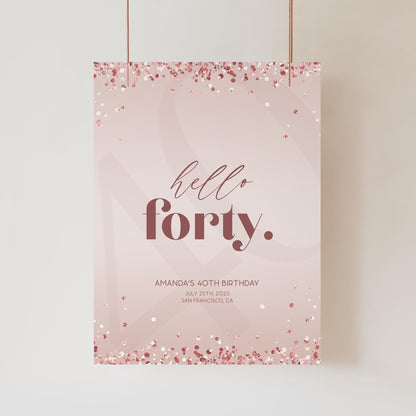 Editable HELLO FORTY 40th Birthday Party Welcome Sign, Hello 40 Welcome Poster, Rose Gold 40th Sign Printable Template, Birthday Decorations