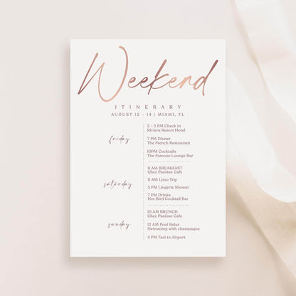 Printable Rose Gold Weekend Itinerary Template – Editable Birthday, Anniversary, or Hen Party Schedule | Elegant Event Planner | Instant Download