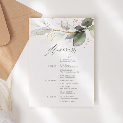 Editable Weekend Itinerary Card Template, Birthday Weekend, Printable Weekend Itinerary, Hens Weekend, Bachelorette, Greenery Eucalyptus
