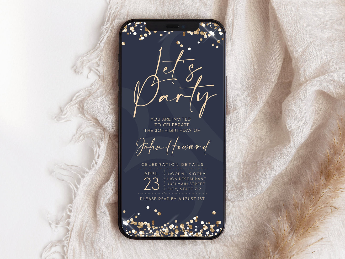 Navy Gold Let's Party Invitation Template | Electronic Birthday Invite | Instant Download